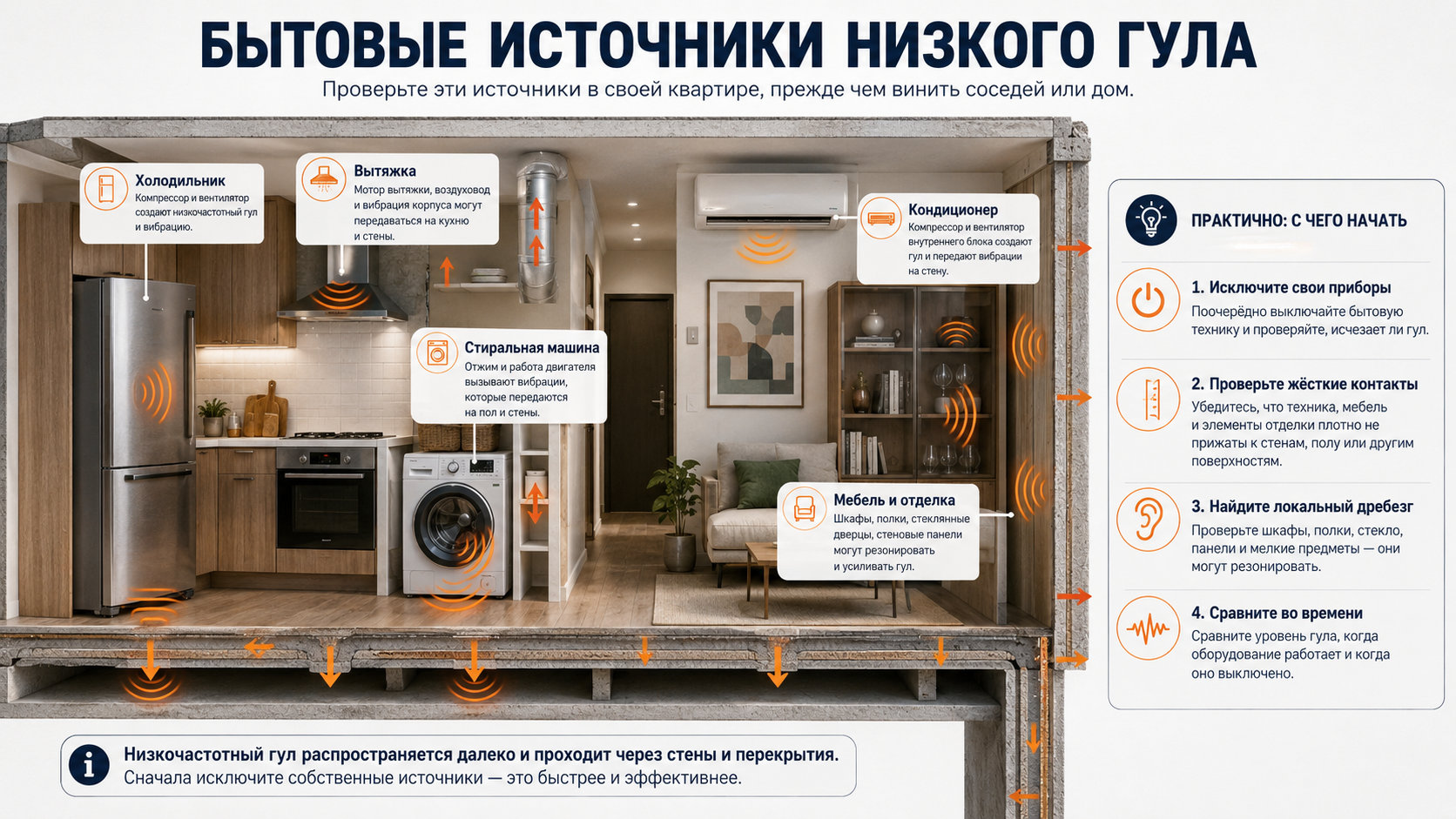 Бытовые источники низкого гула Холодильник, стиральная машина, вытяжка, кондиционер и мебель как источники низкого гула