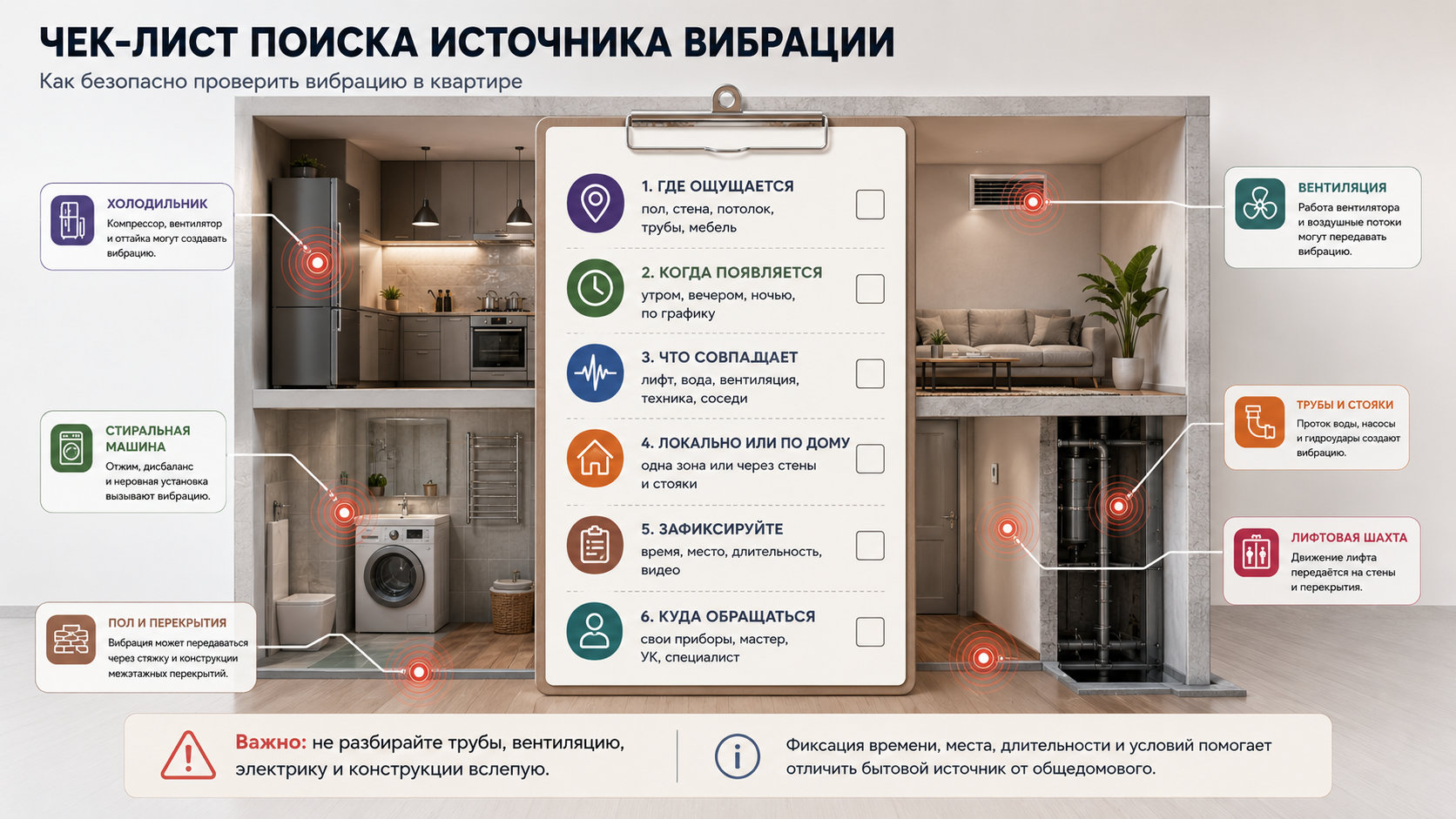 Чек-лист безопасной проверки источника вибрации в квартире