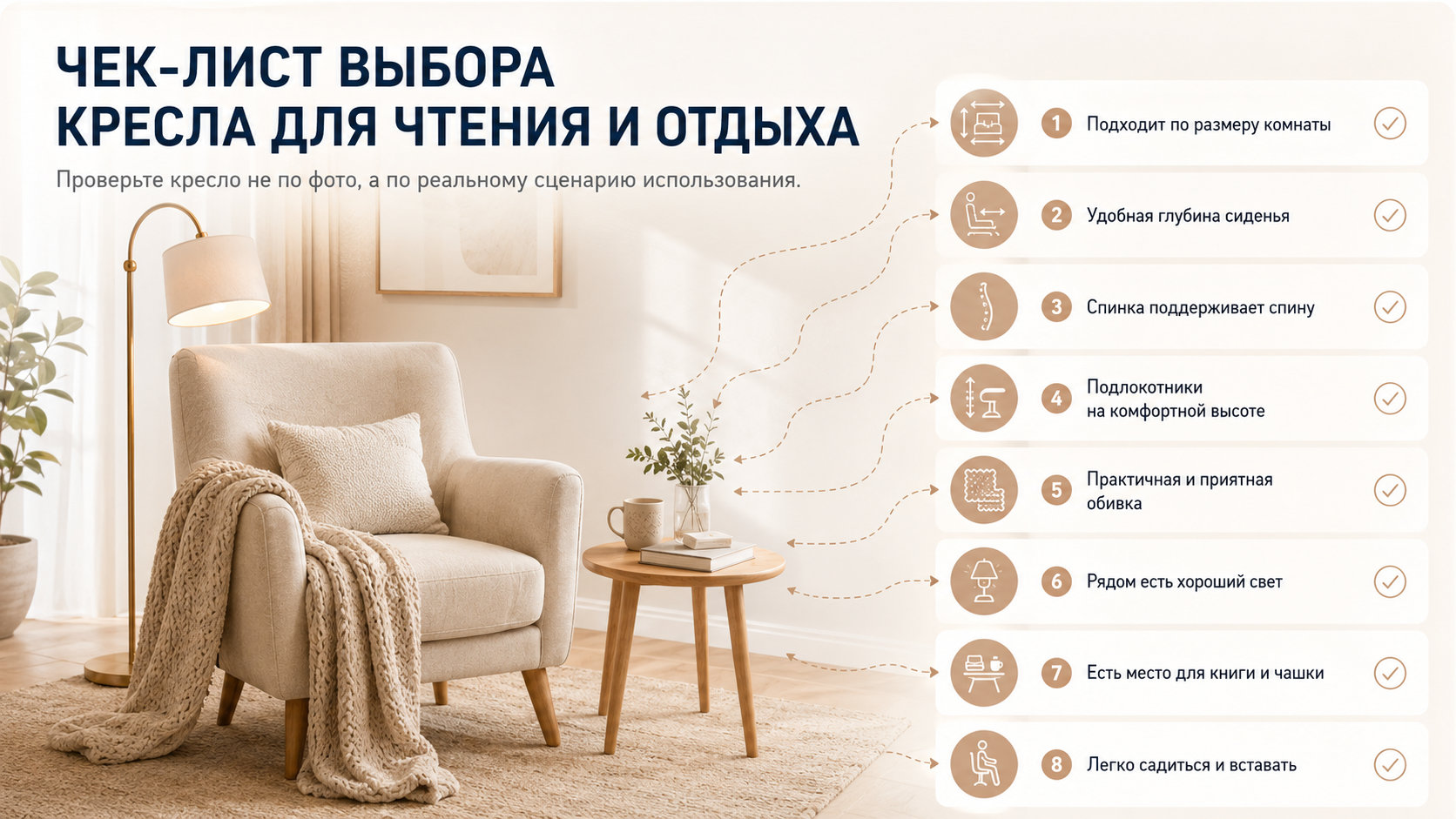 Чек-лист выбора кресла для чтения и отдыха Чек-лист покупки кресла для чтения с пунктами про размеры, спинку, подлокотники, обивку и освещение.