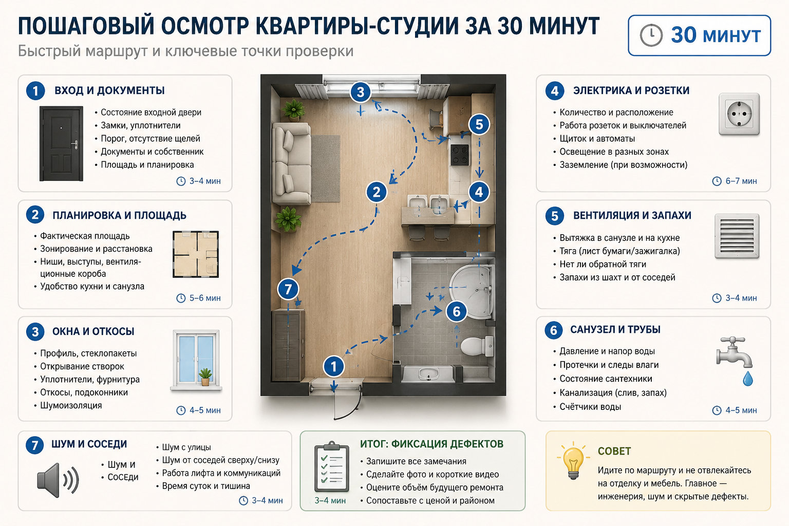 Пошаговый осмотр квартиры-студии за 30 минут: входная дверь, планировка, окна, электрика, вентиляция, санузел и шум