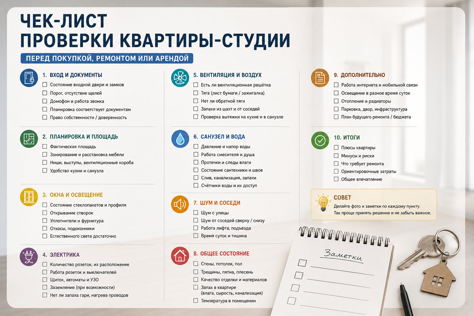 Чек-лист проверки квартиры-студии перед покупкой, ремонтом или арендой