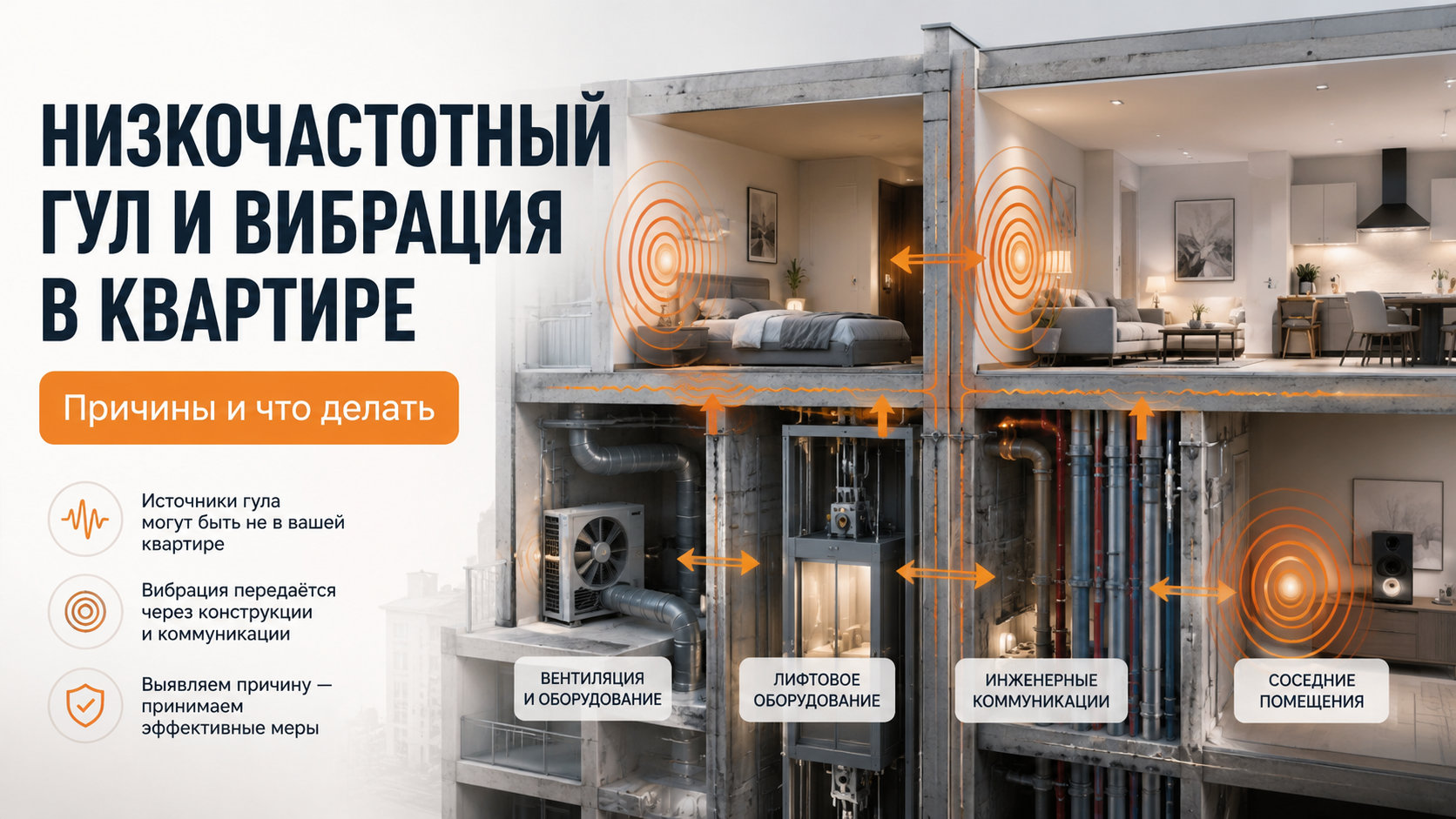 Инфографика с причинами низкочастотного гула и вибрации в квартире