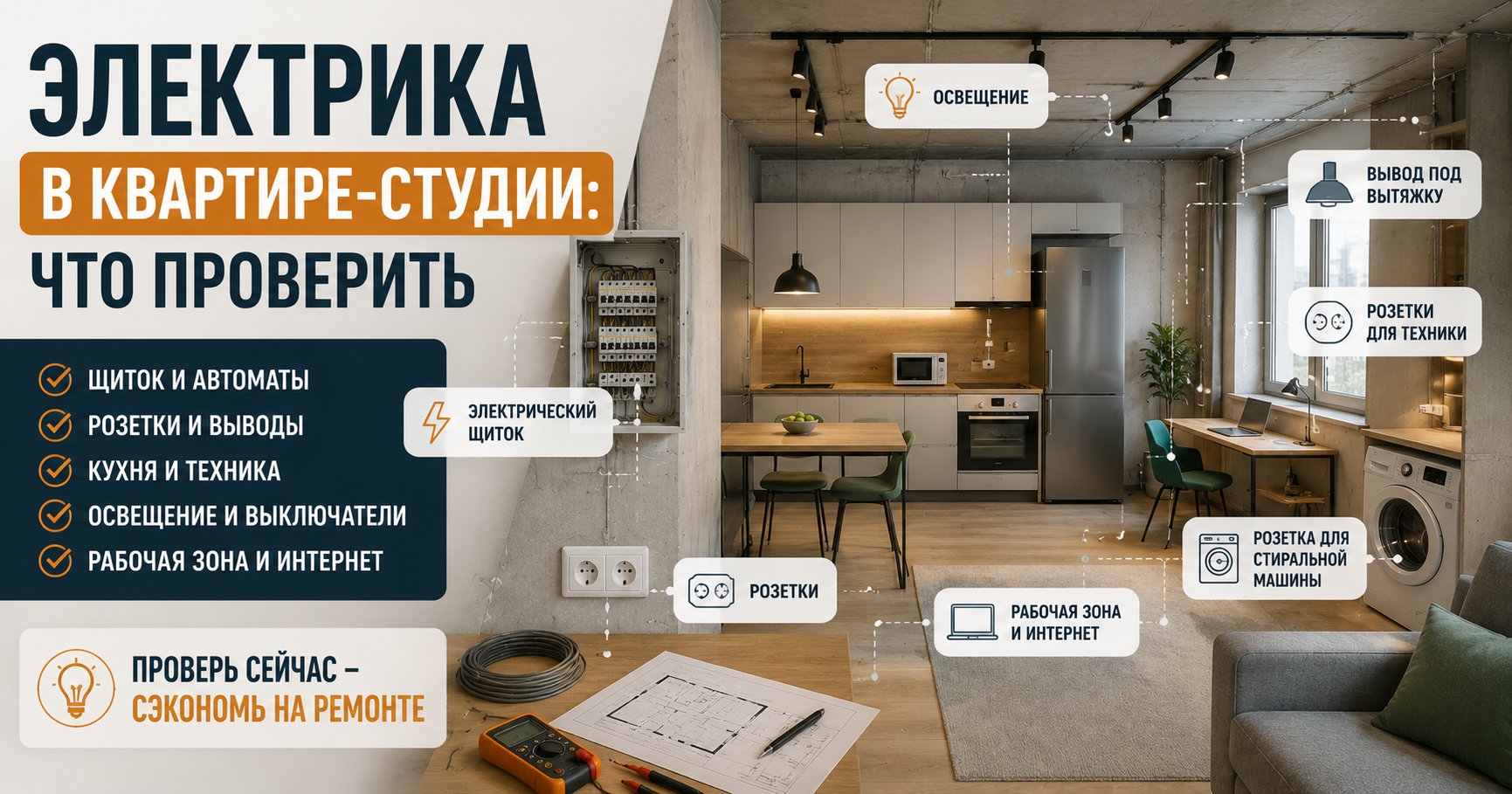 Электрика в квартире-студии: что проверить Проверка электрики в квартире-студии перед ремонтом: щиток, розетки, линии под кухню, свет и бытовая техника
