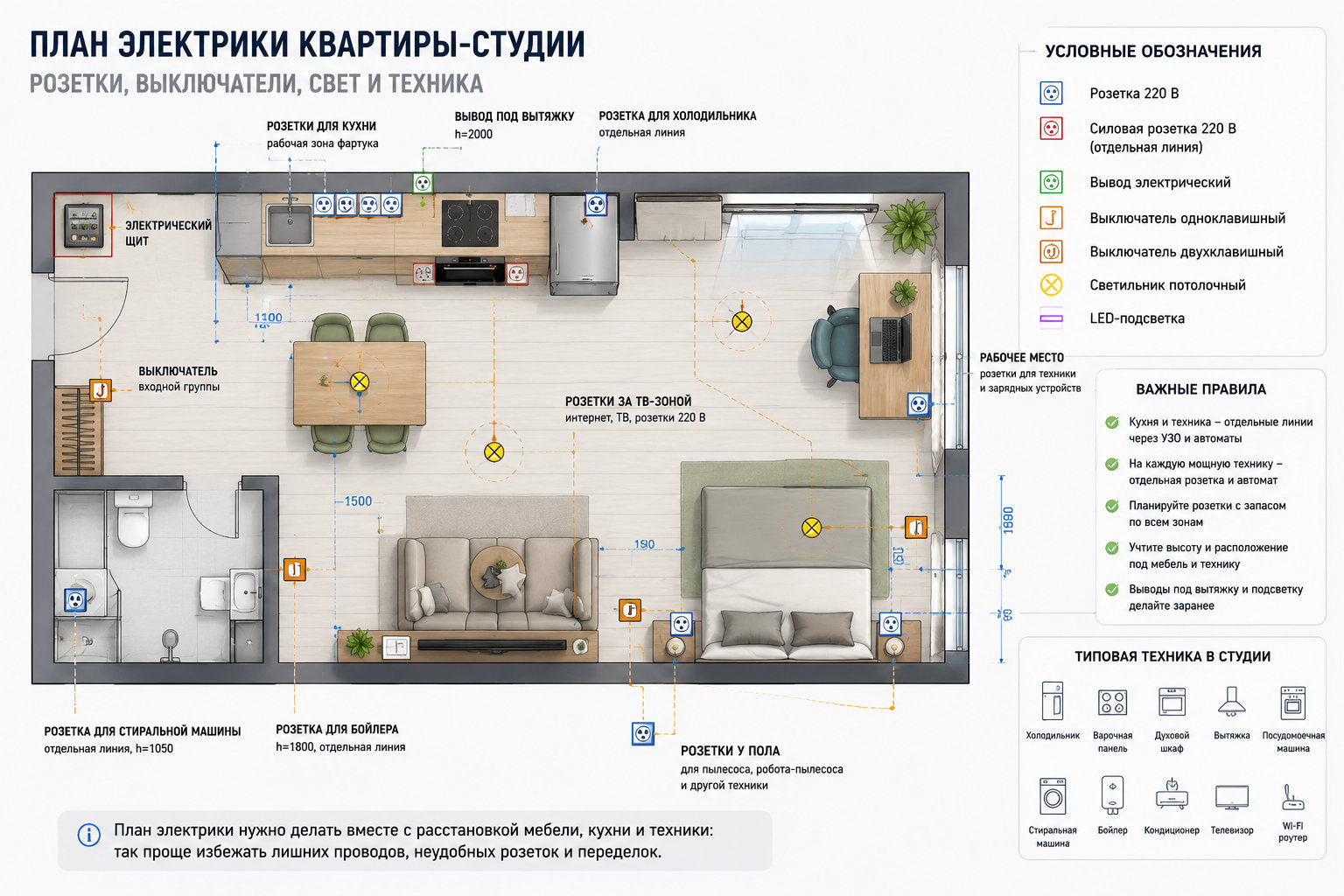 План розеток, выключателей, света и техники в квартире-студии перед ремонтом
