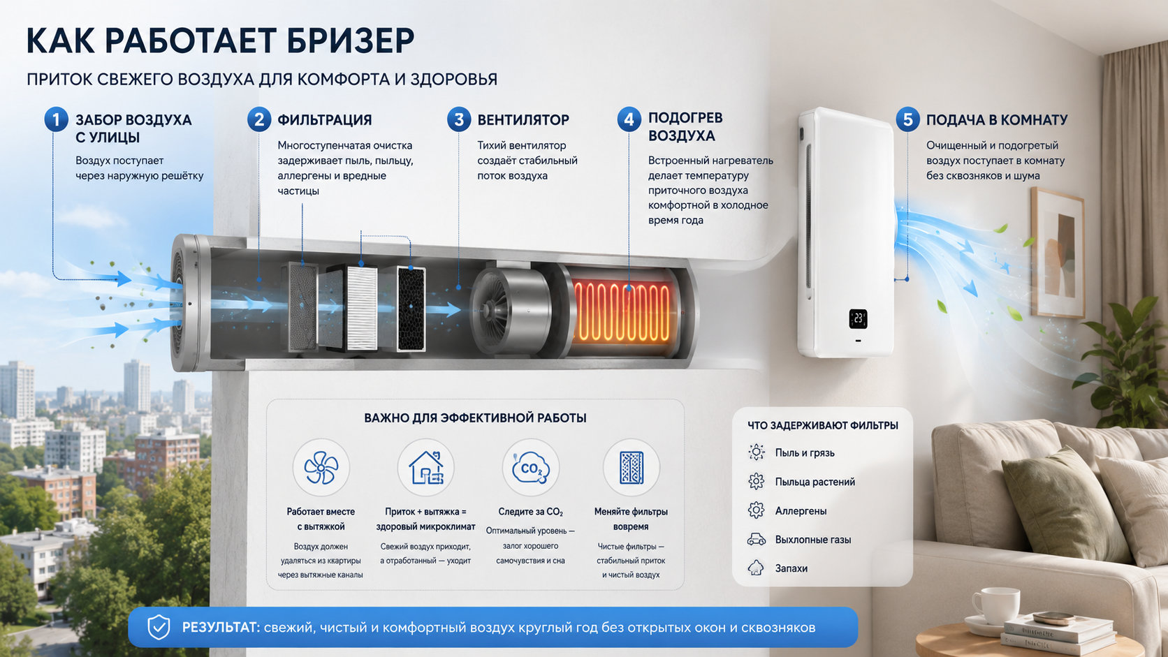 Схема работы бризера в квартире: приток воздуха с улицы, фильтры, вентилятор и подача в комнату