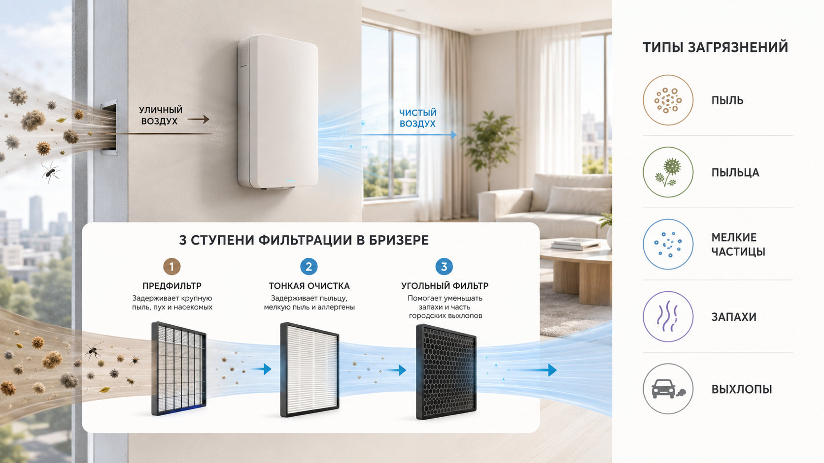 Фильтры бризера и типы загрязнений: крупная пыль, пыльца, мелкие частицы и запахи
