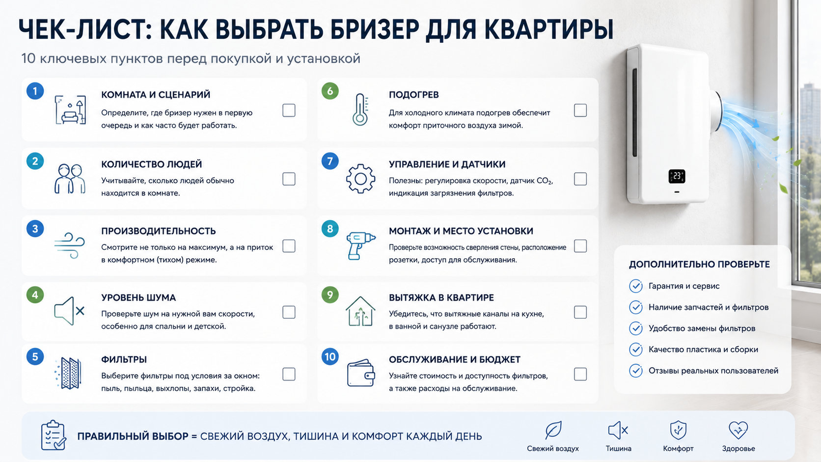 Чек-лист перед покупкой бризера: комната, производительность, шум, фильтры, подогрев, монтаж и обслуживание