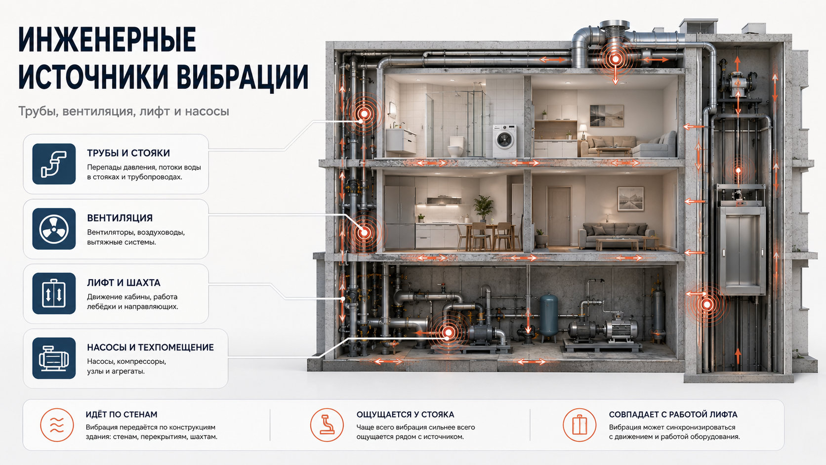 Инженерные источники вибрации Трубы, вентиляция, лифт и насосы как источники вибрации в квартире