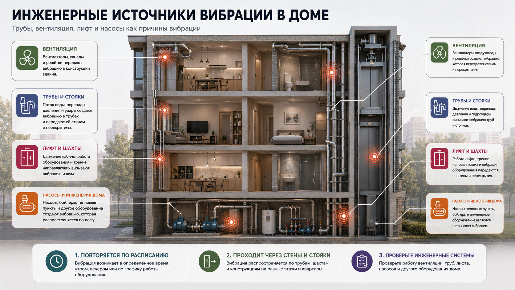 Трубы, вентиляция, лифт и насосы как источники вибрации