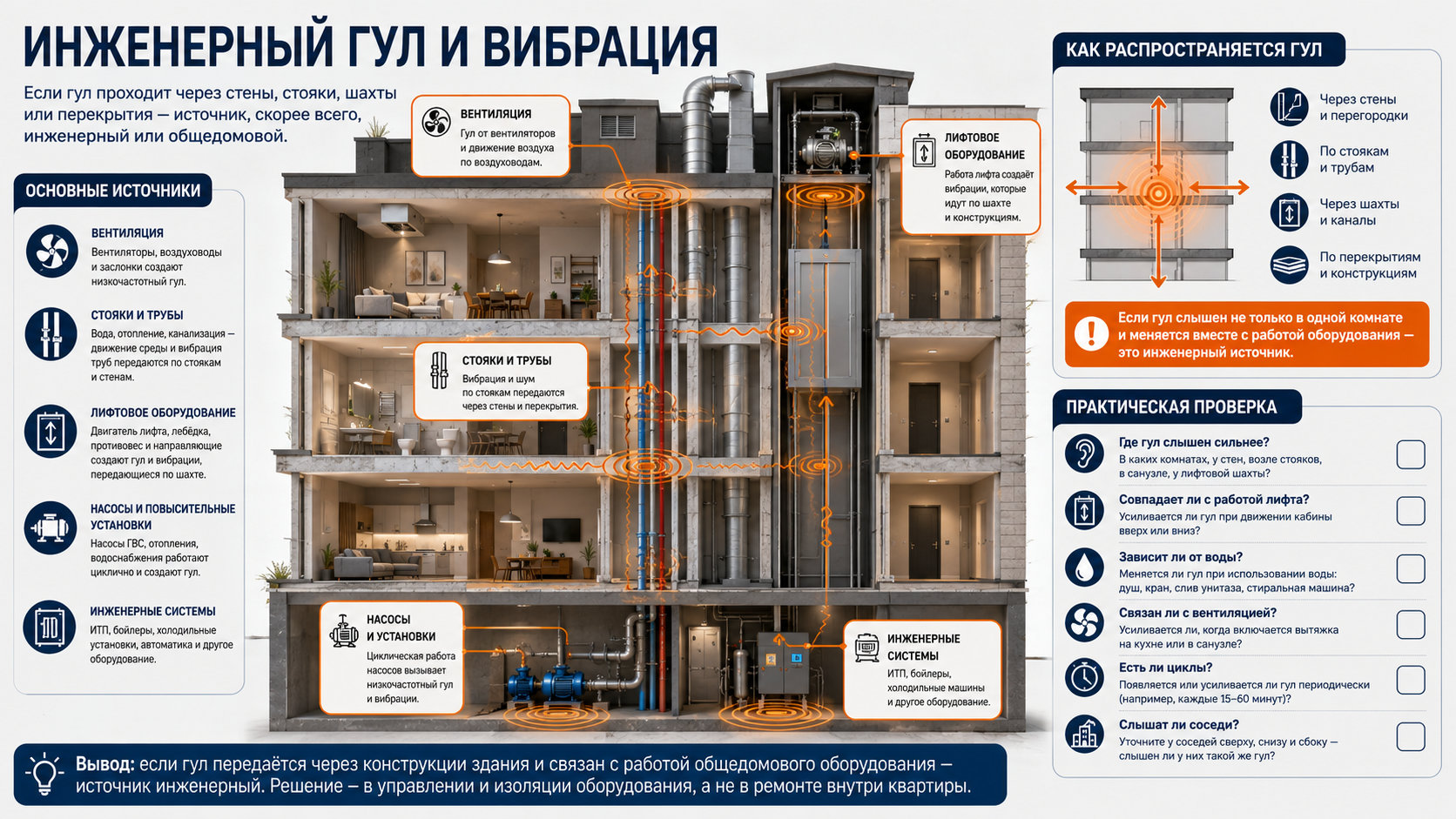 Инженерный гул и вибрация Вентиляция, трубы, лифт и насосы как источники низкочастотного гула