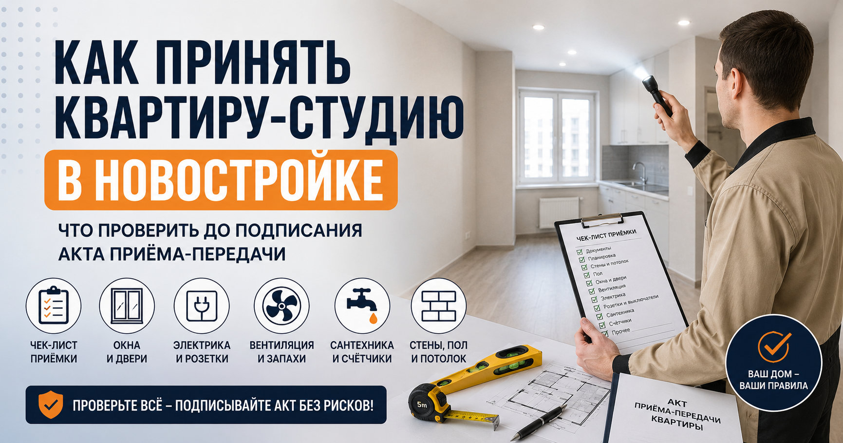 Проверка квартиры-студии в новостройке перед подписанием акта приёма-передачи