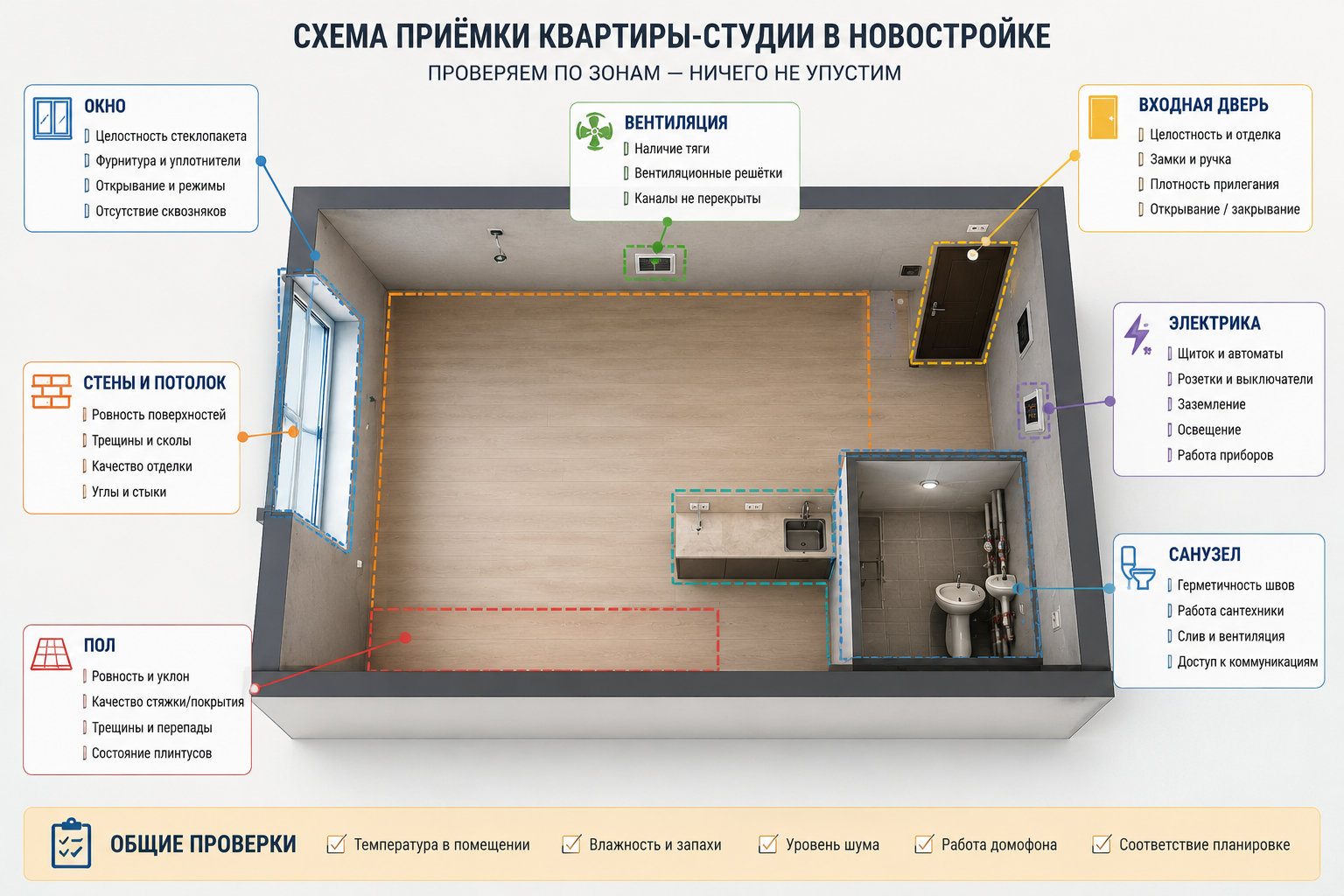 Схема квартиры-студии в новостройке с зонами приёмки: входная дверь, стены, пол, окно, вентиляция, электрика, санузел, трубы и кухонная зона