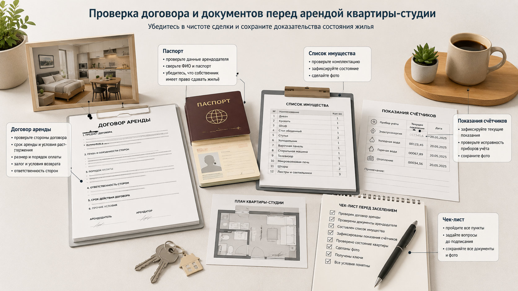 Договор и документы перед арендой студии Проверка договора и документов при аренде квартиры-студии: паспорт, договор аренды, список имущества, показания счётчиков и чек-лист