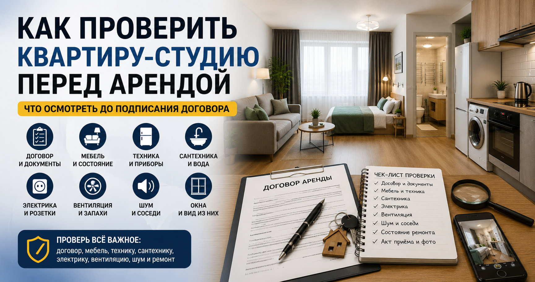 Как проверить квартиру-студию перед арендой Проверка квартиры-студии перед арендой: договор, документы, мебель, техника, сантехника, электрика, вентиляция и шум