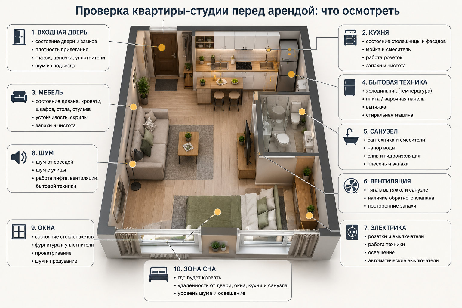 Зоны проверки квартиры-студии перед арендой Схема квартиры-студии перед арендой с зонами проверки: входная дверь, кухня, мебель, техника, санузел, вентиляция, электрика, окна и зона сна
