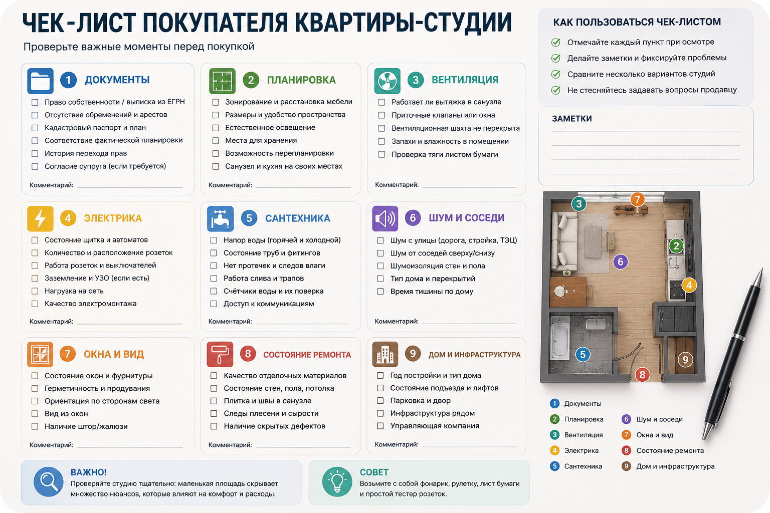 Чек-лист покупателя квартиры-студии: документы, планировка, вентиляция, электрика, сантехника, шум, окна и дом