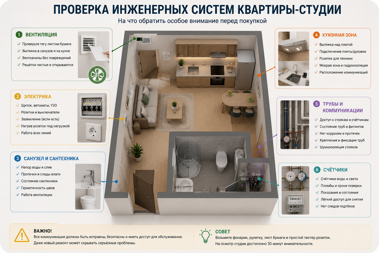 Проверка инженерных систем квартиры-студии перед покупкой: вентиляция, розетки, щиток, кухня, санузел, трубы и счётчики