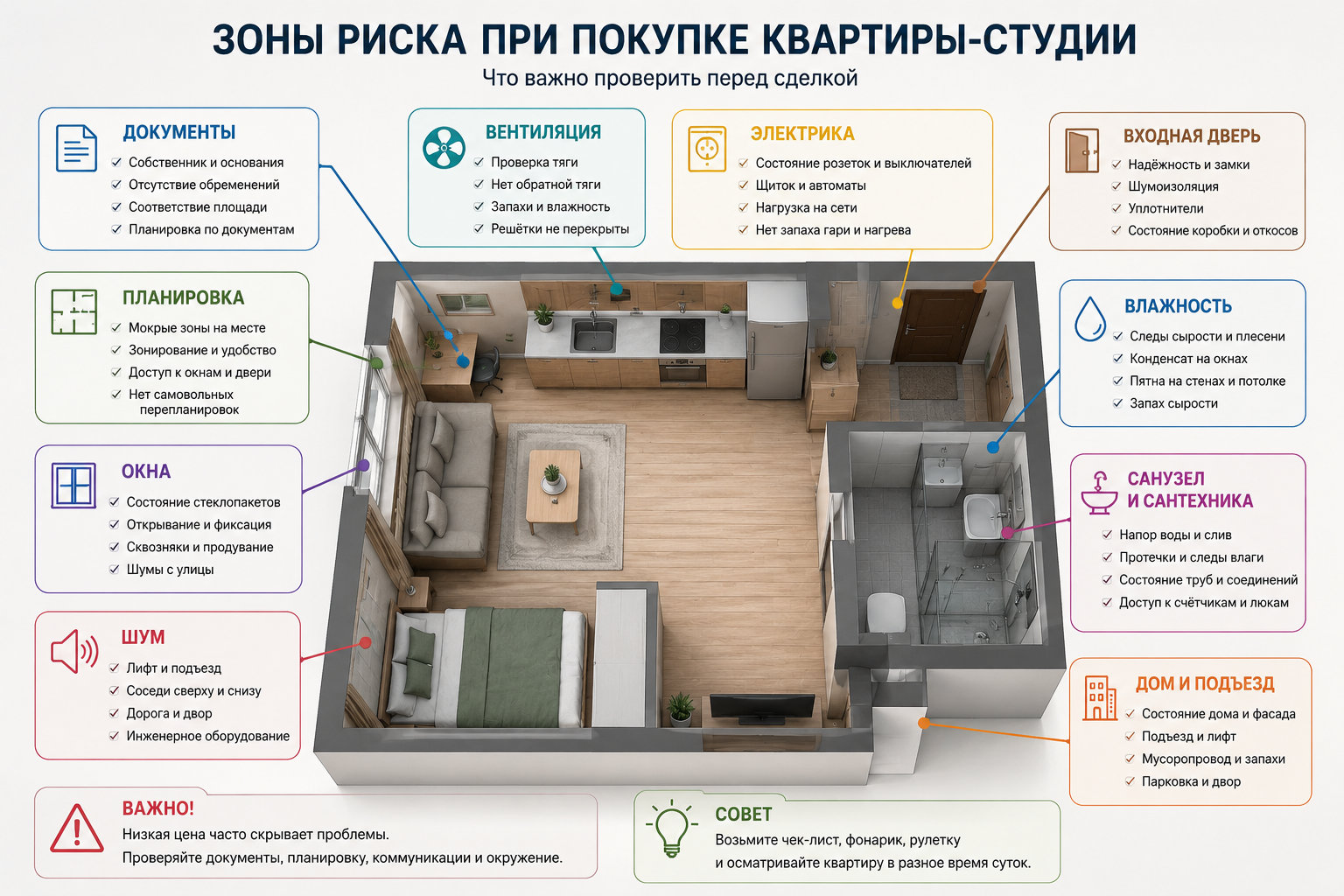 Схема квартиры-студии с зонами риска перед покупкой: документы, планировка, вентиляция, электрика, окна, санузел, шум и влажность