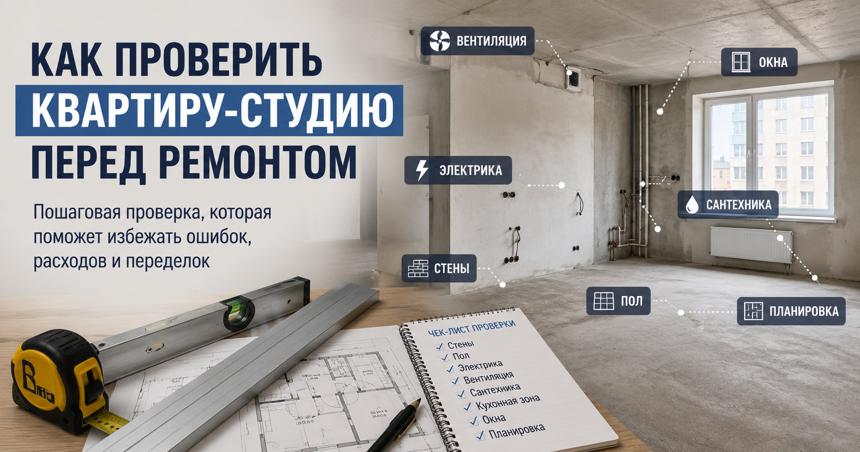Как проверить квартиру-студию перед ремонтом Проверка квартиры-студии перед ремонтом: стены, пол, электрика, вентиляция, сантехника и планировка