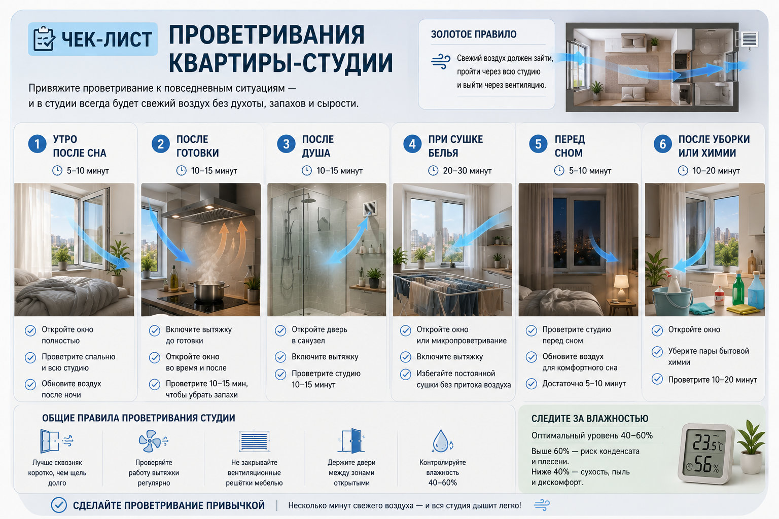 Чек-лист проветривания квартиры-студии: утро, готовка, душ, сушка белья, сон, окно, вытяжка и влажность