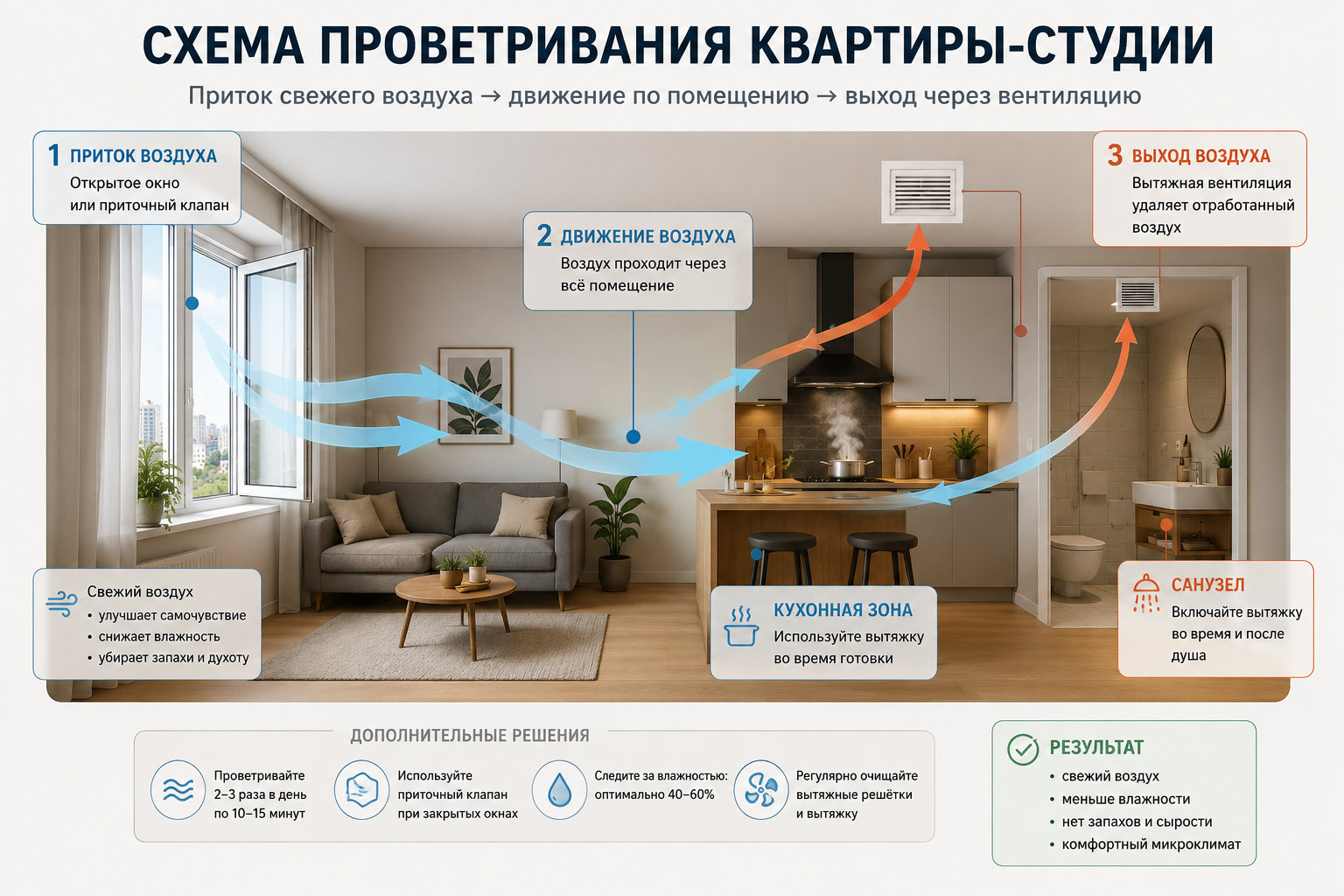 Схема проветривания квартиры-студии: открытое окно, вход свежего воздуха, кухонная зона, санузел, вентиляционная решётка и выход воздуха