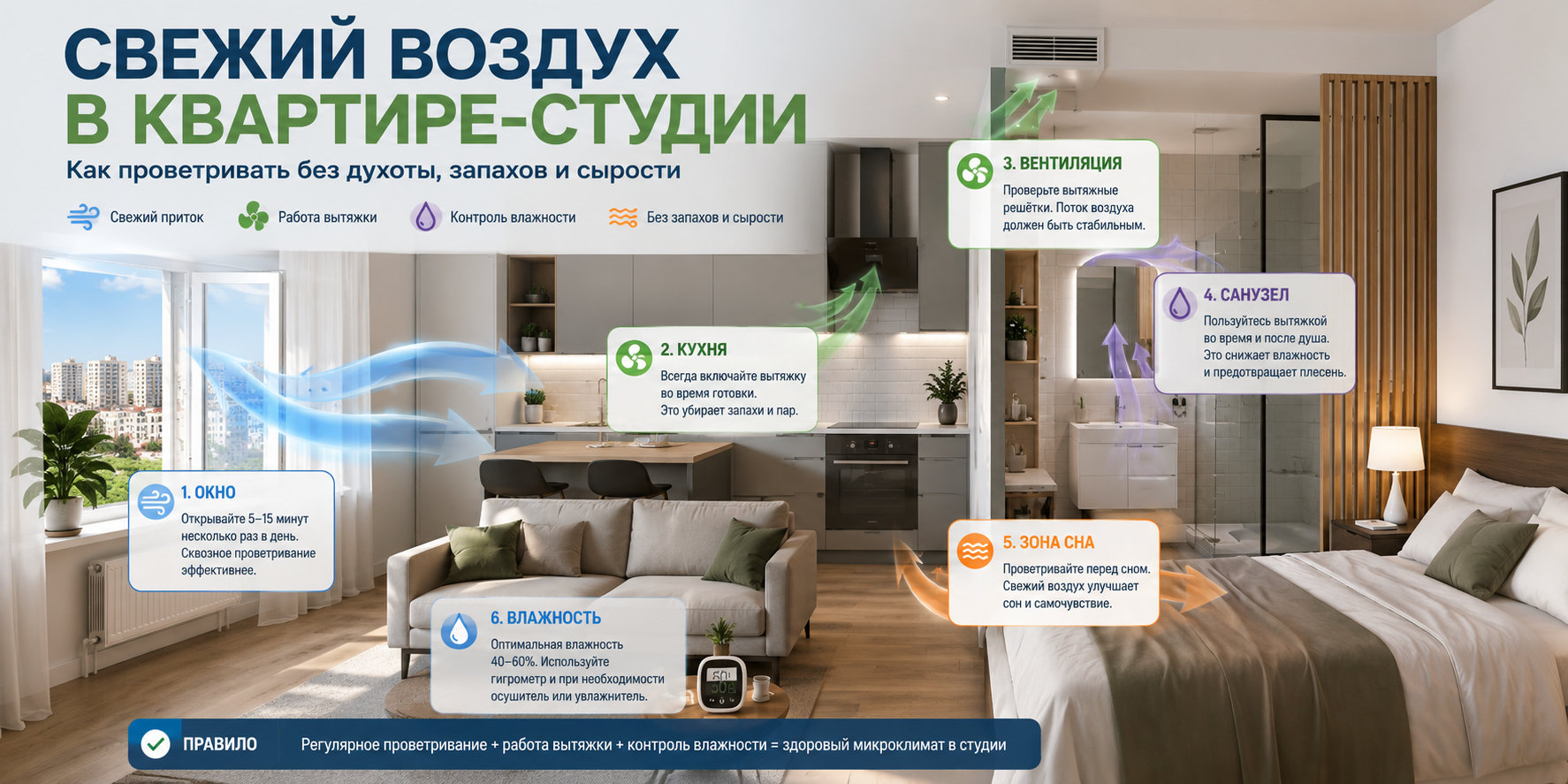 Свежий воздух в квартире-студии Широкий кадр квартиры-студии с отмеченными зонами проветривания: окно, кухня, санузел, вентиляция, зона сна и влажность