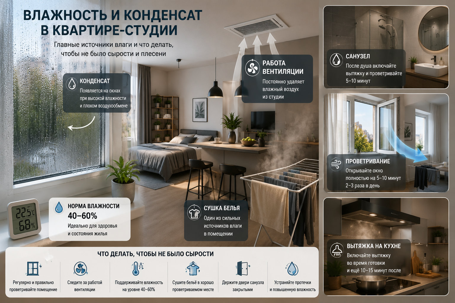 Влажность и конденсат в квартире-студии: окно с каплями, санузел, вентиляция, сушка белья и проветривание