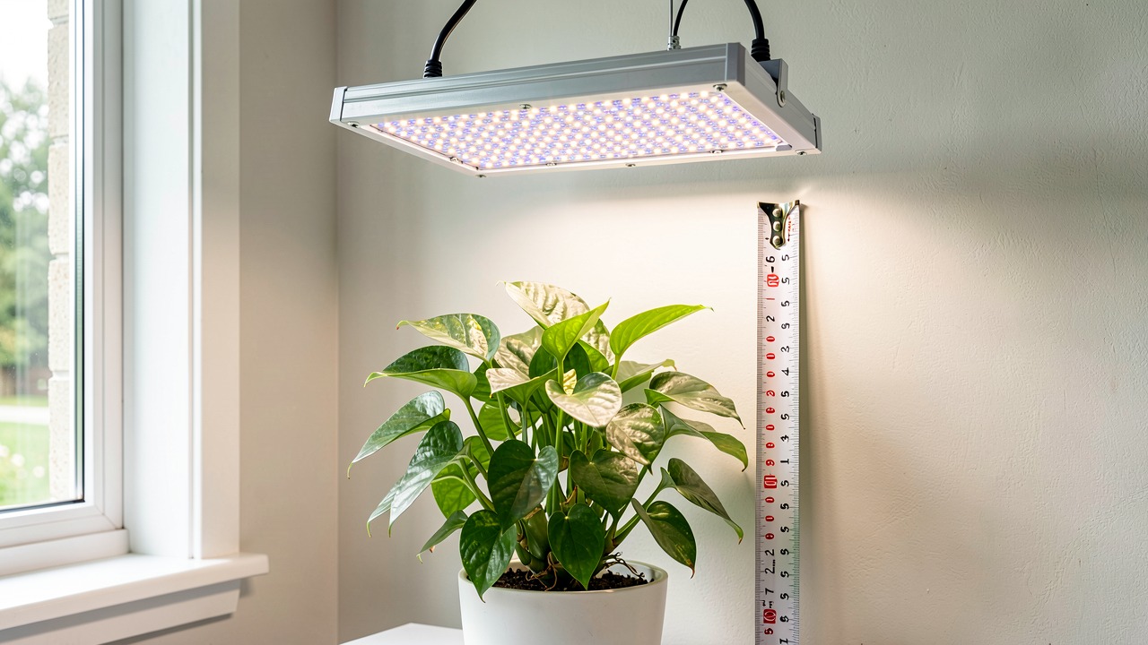Освещение и световой режим LED-лампы над комнатным растением с измерительным лентой
