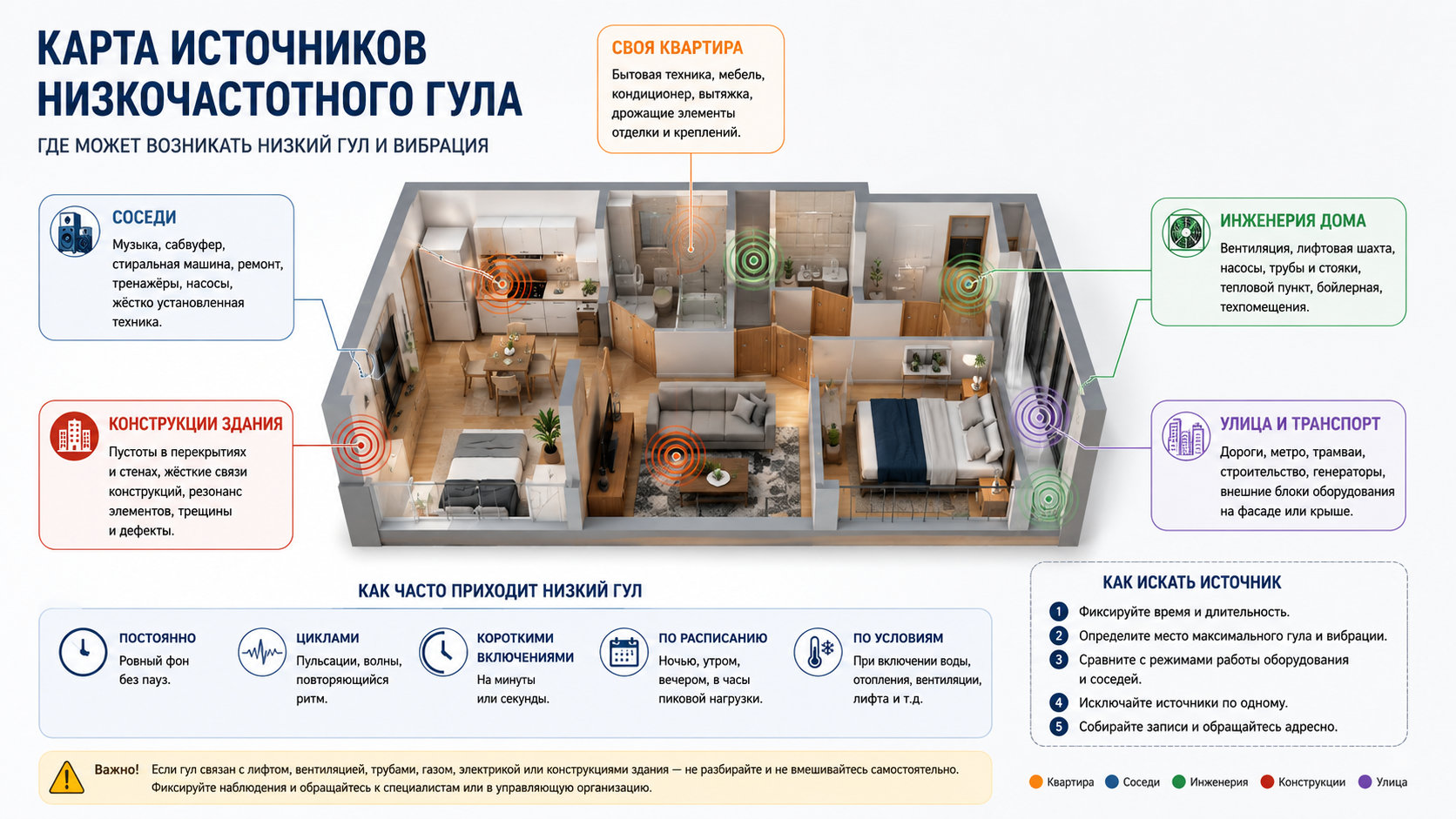 Карта источников низкочастотного гула Схема зон квартиры и дома, где может возникать низкочастотный гул