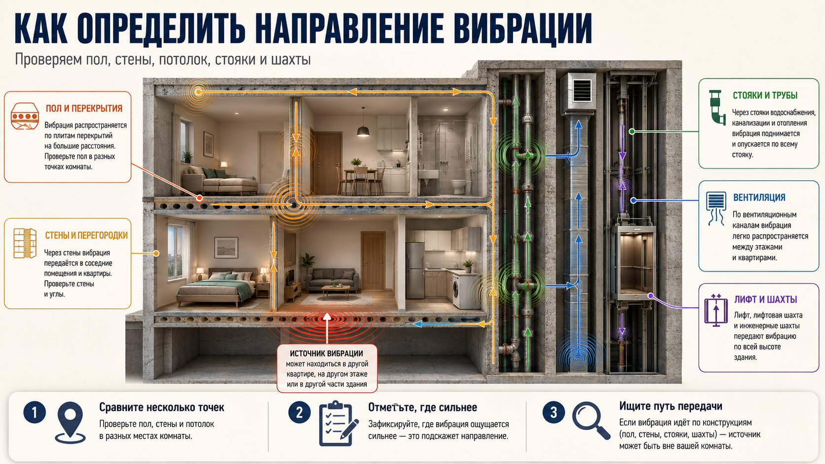 Схема распространения вибрации по полу, стенам, трубам и вентиляции