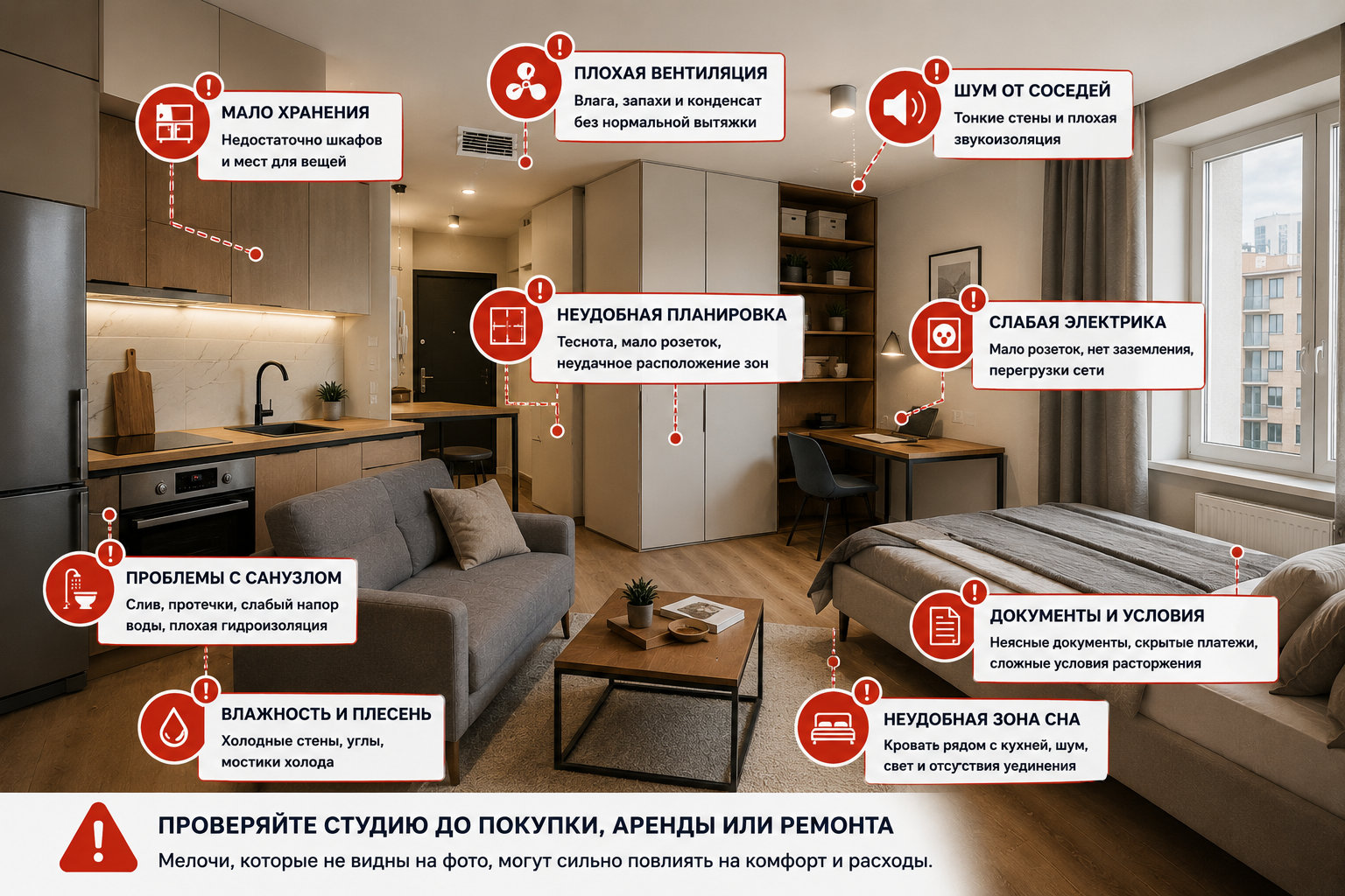 Квартира-студия с отмеченными типичными ошибками выбора: красивая отделка, но мало хранения, плохая вентиляция, шум, слабая электрика и неудобная планировка