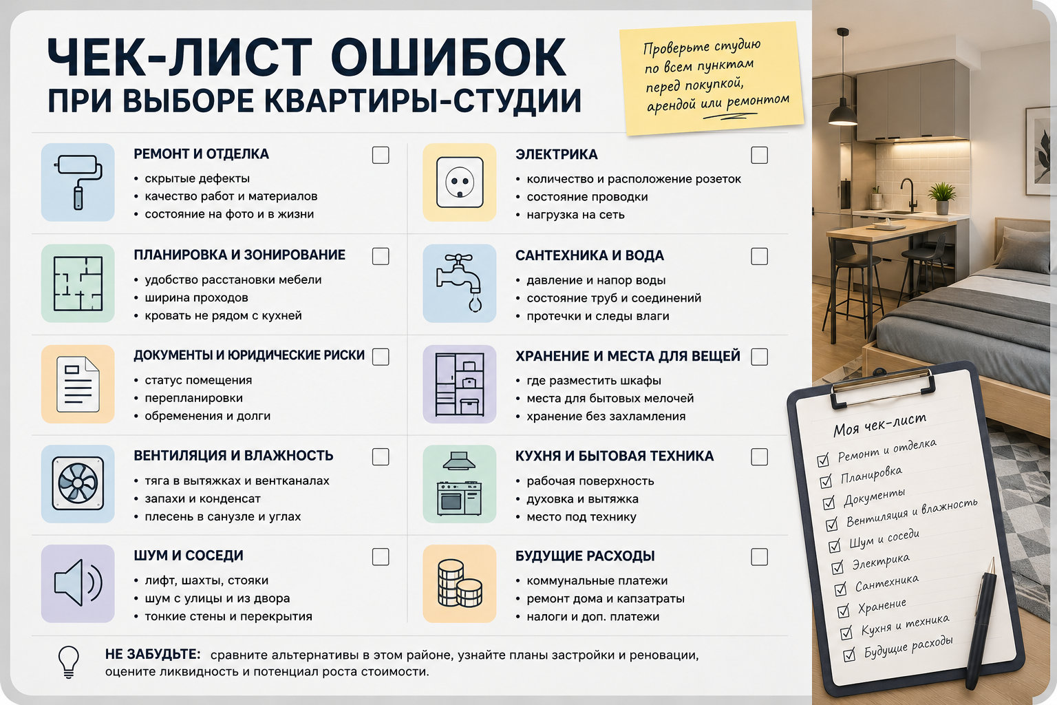 Чек-лист ошибок при выборе квартиры-студии перед покупкой, арендой или ремонтом