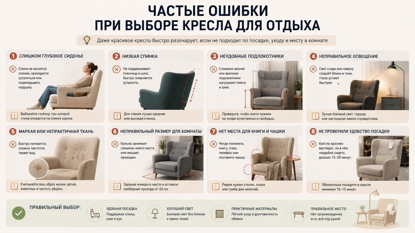 Частые ошибки при выборе кресла для отдыха Инфографика с ошибками выбора кресла: слишком глубокое сиденье, низкая спинка, маркая ткань и плохой свет.