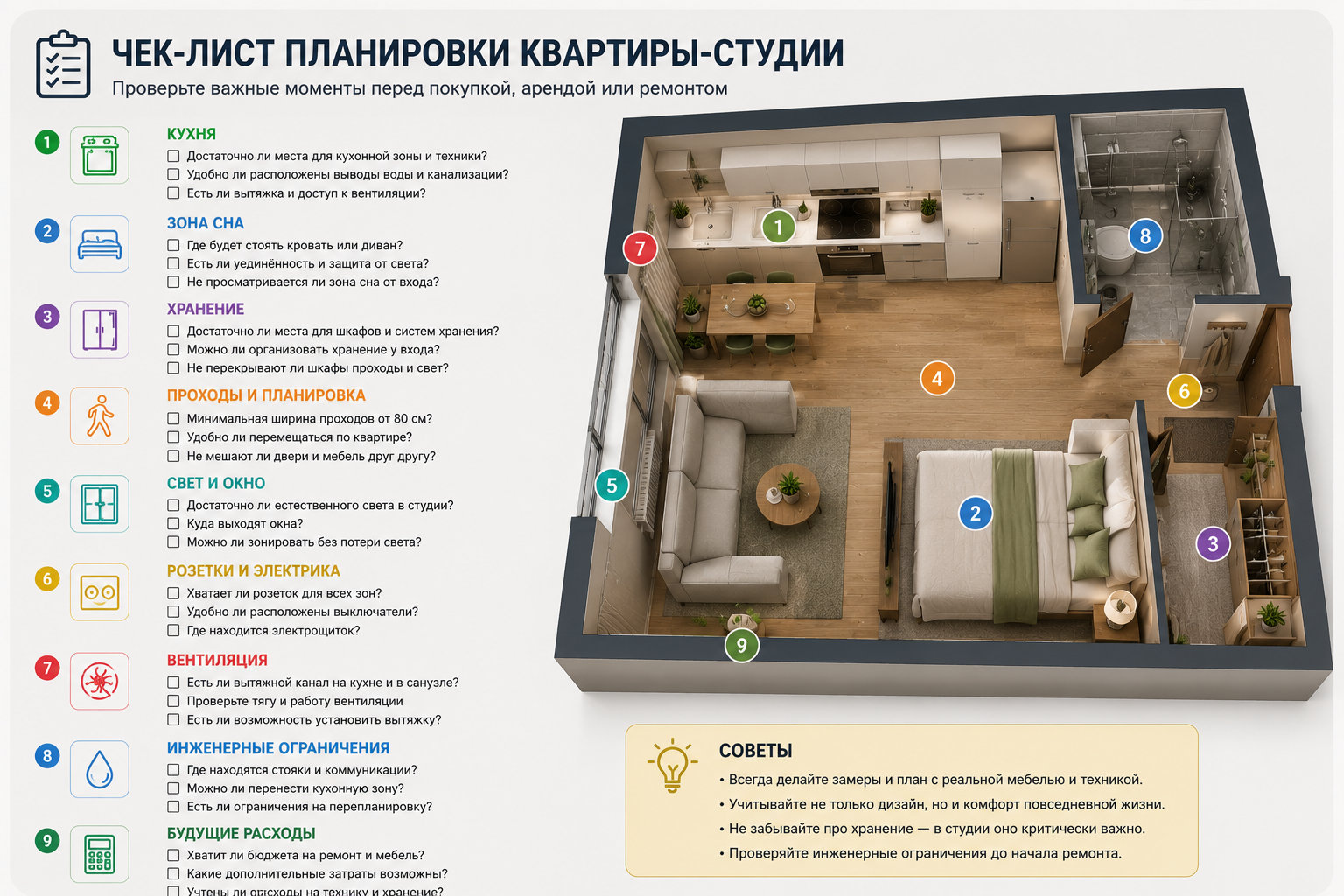 Чек-лист проверки планировки квартиры-студии Чек-лист планировки квартиры-студии перед покупкой, арендой или ремонтом