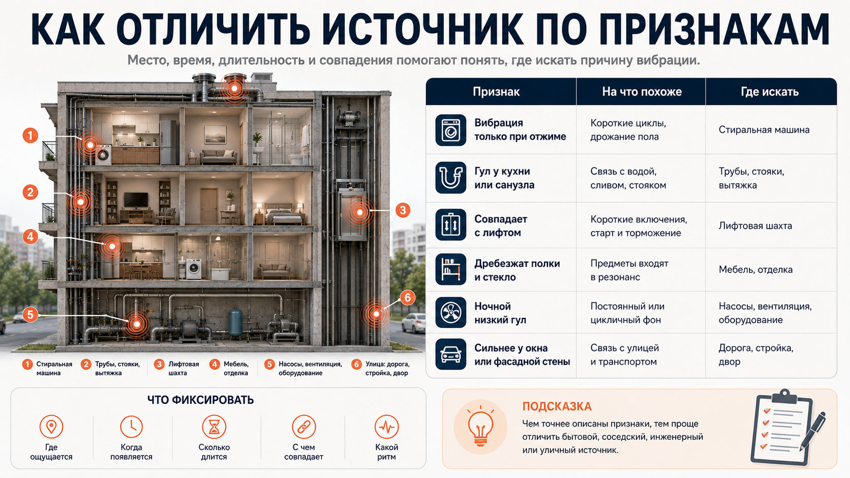 Как отличить источник по признакам Таблица признаков, по которым можно отличить источник вибрации в квартире
