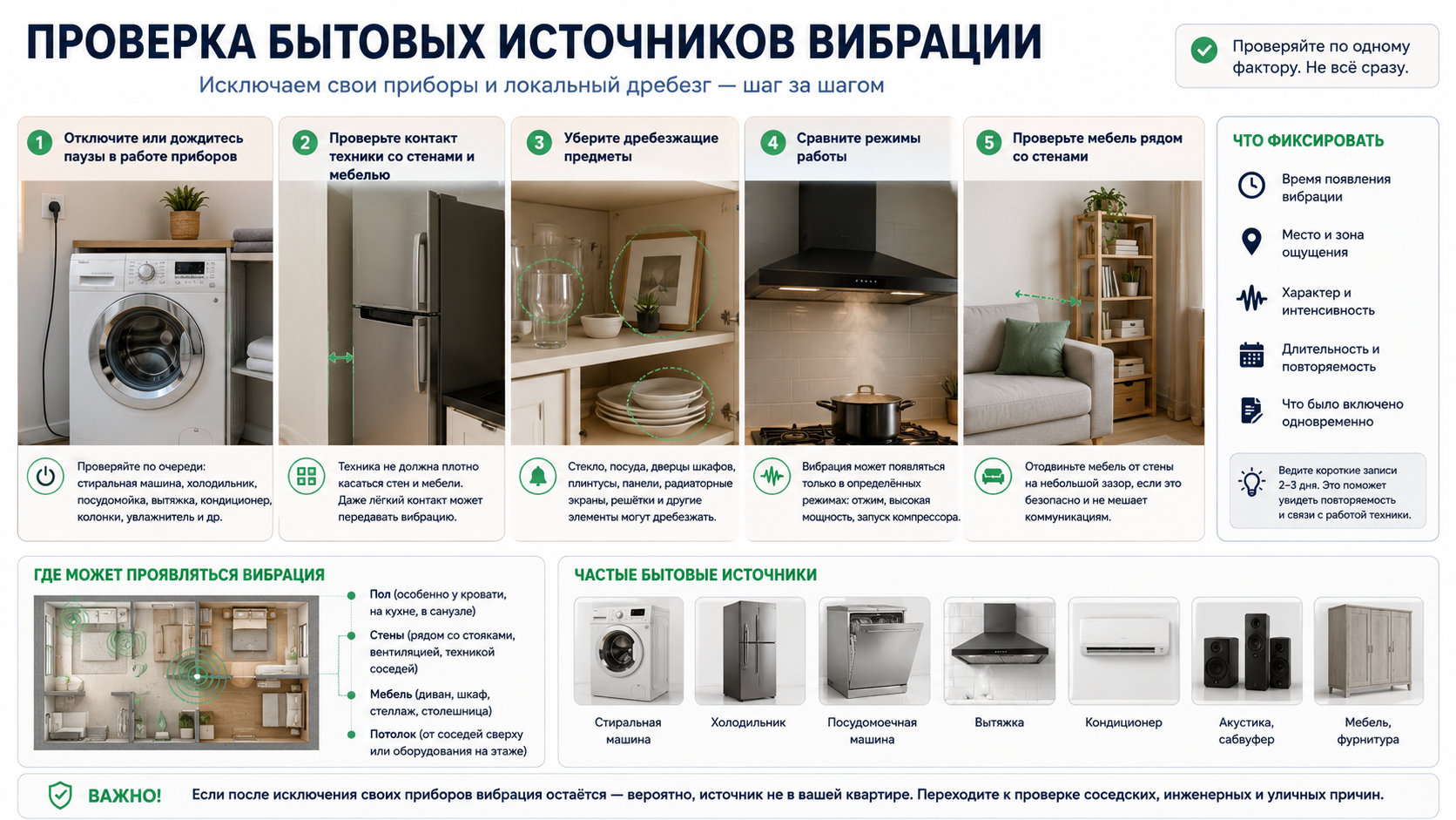 Проверка стиральной машины, холодильника, вытяжки и мебели как источников вибрации