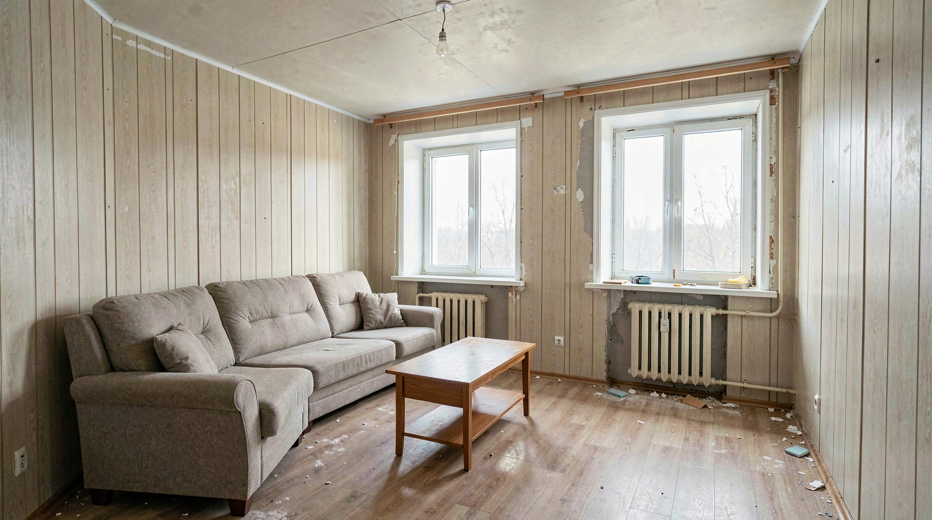 Обложка статьи о ремонте в панельном доме Обложка: частично отремонтированная гостиная в панельном доме