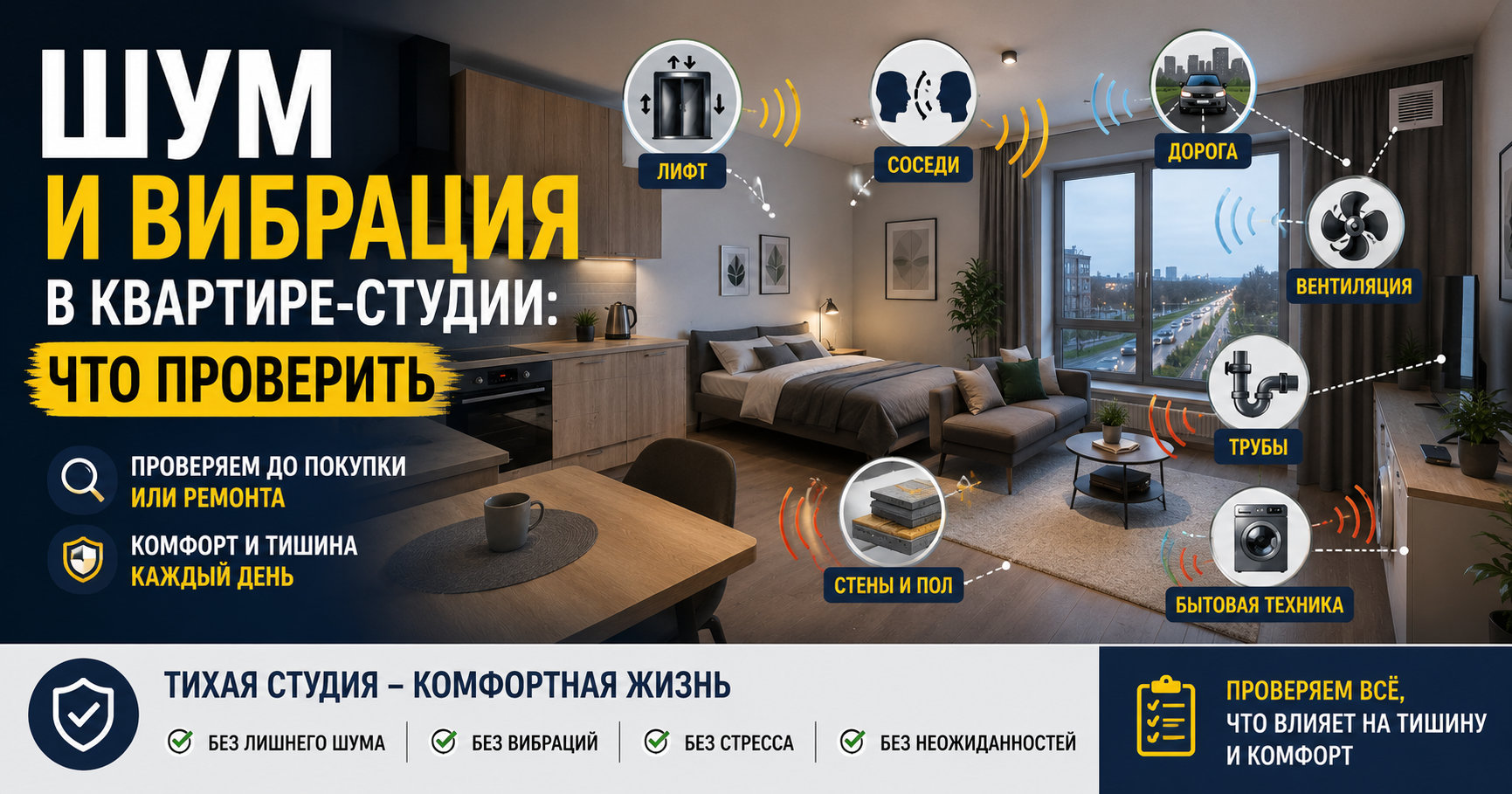 Шум и вибрация в квартире-студии: что проверить Проверка шума и вибрации в квартире-студии перед покупкой или ремонтом: соседи, лифт, дорога, трубы и вентиляция