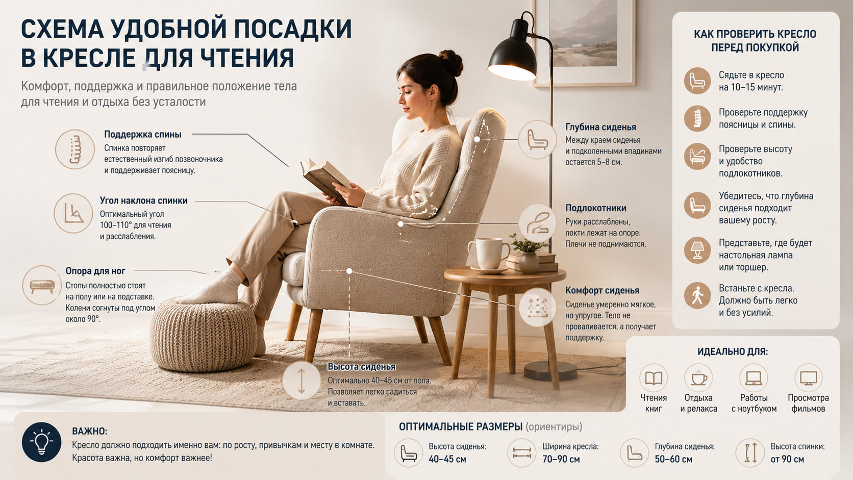 Схема удобной посадки в кресле для чтения Схема удобной посадки в кресле для чтения с поддержкой спины, подлокотниками и опорой для ног.