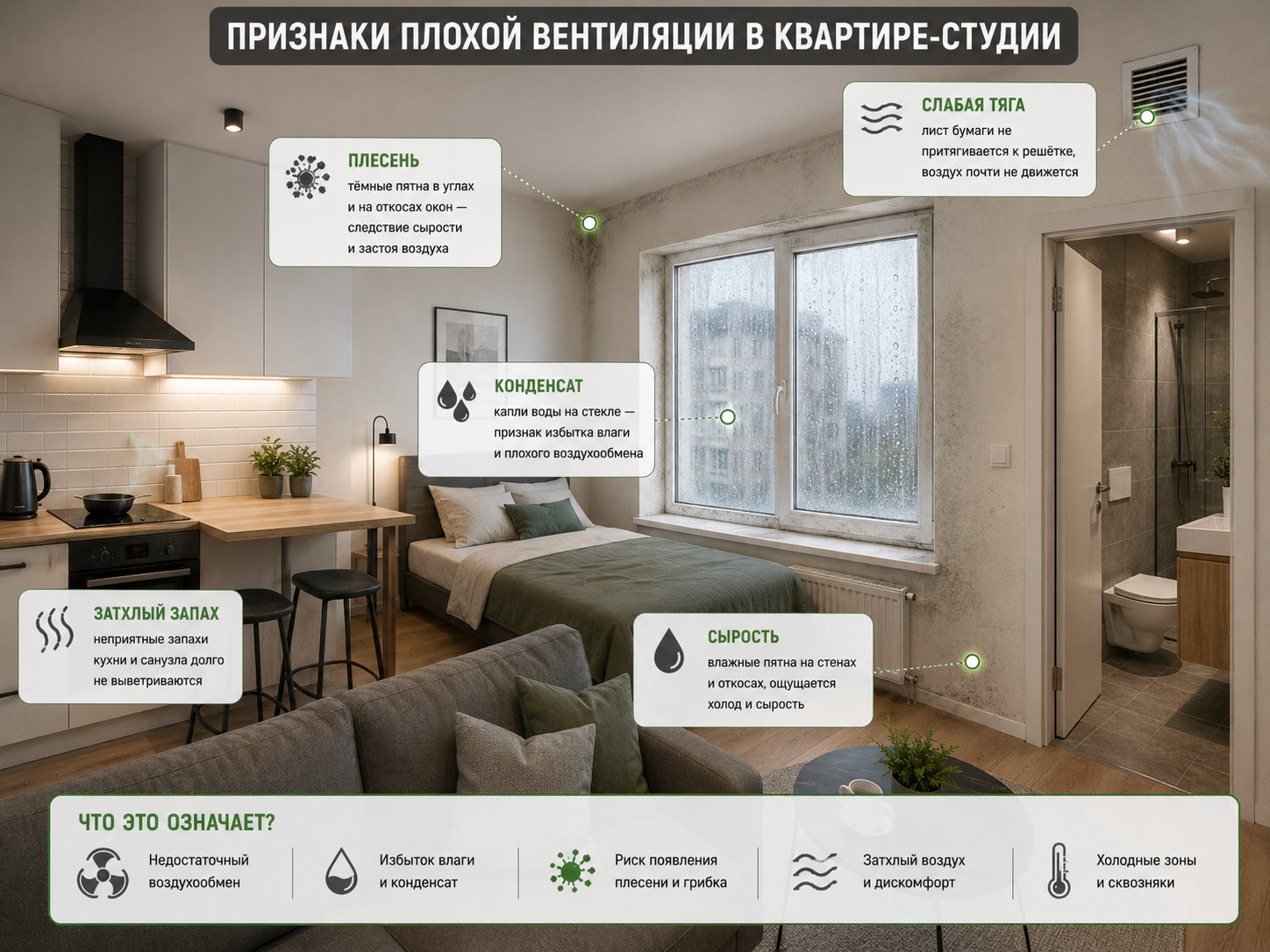 Влажность, запахи и плесень в студии Признаки плохой вентиляции в квартире-студии: конденсат на окне, влажные углы, запах сырости, плесень на откосах и слабая тяга