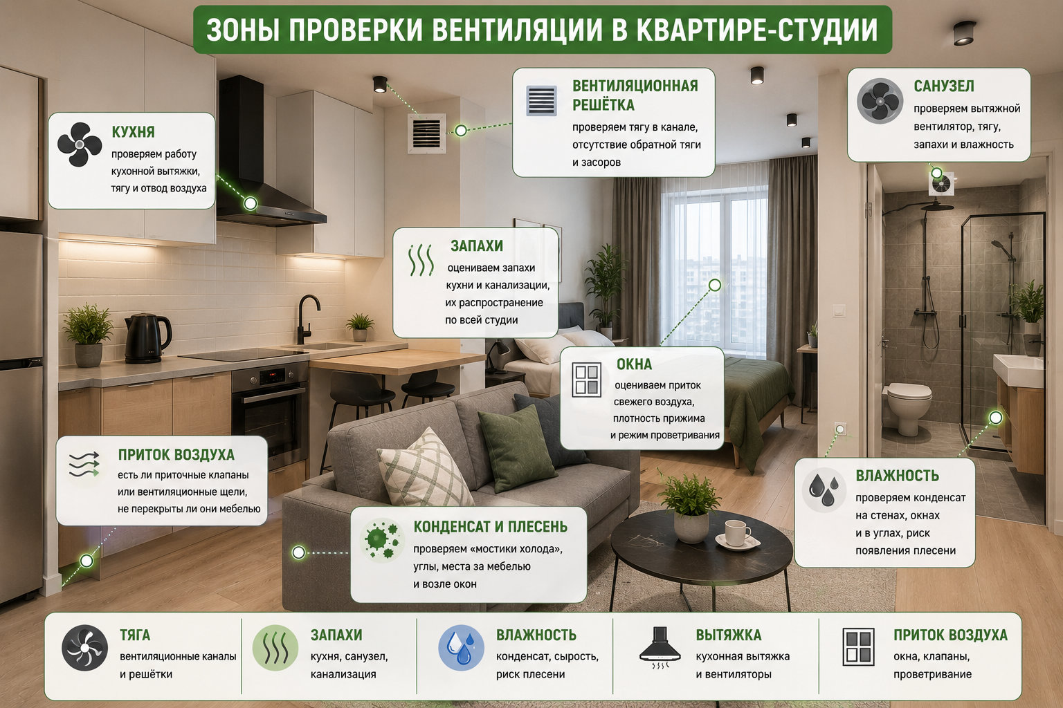 Зоны проверки вентиляции в квартире-студии Схема квартиры-студии с зонами проверки вентиляции: кухня, вентиляционная решётка, санузел, окно, вытяжка, влажность и запахи