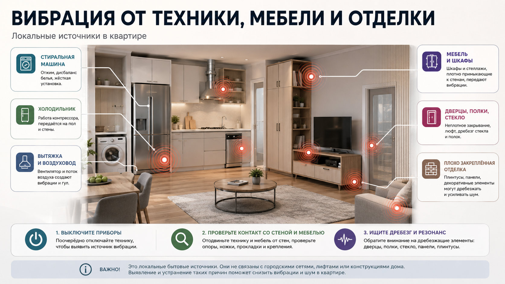 Бытовая техника, мебель и отделка как источники вибрации в квартире