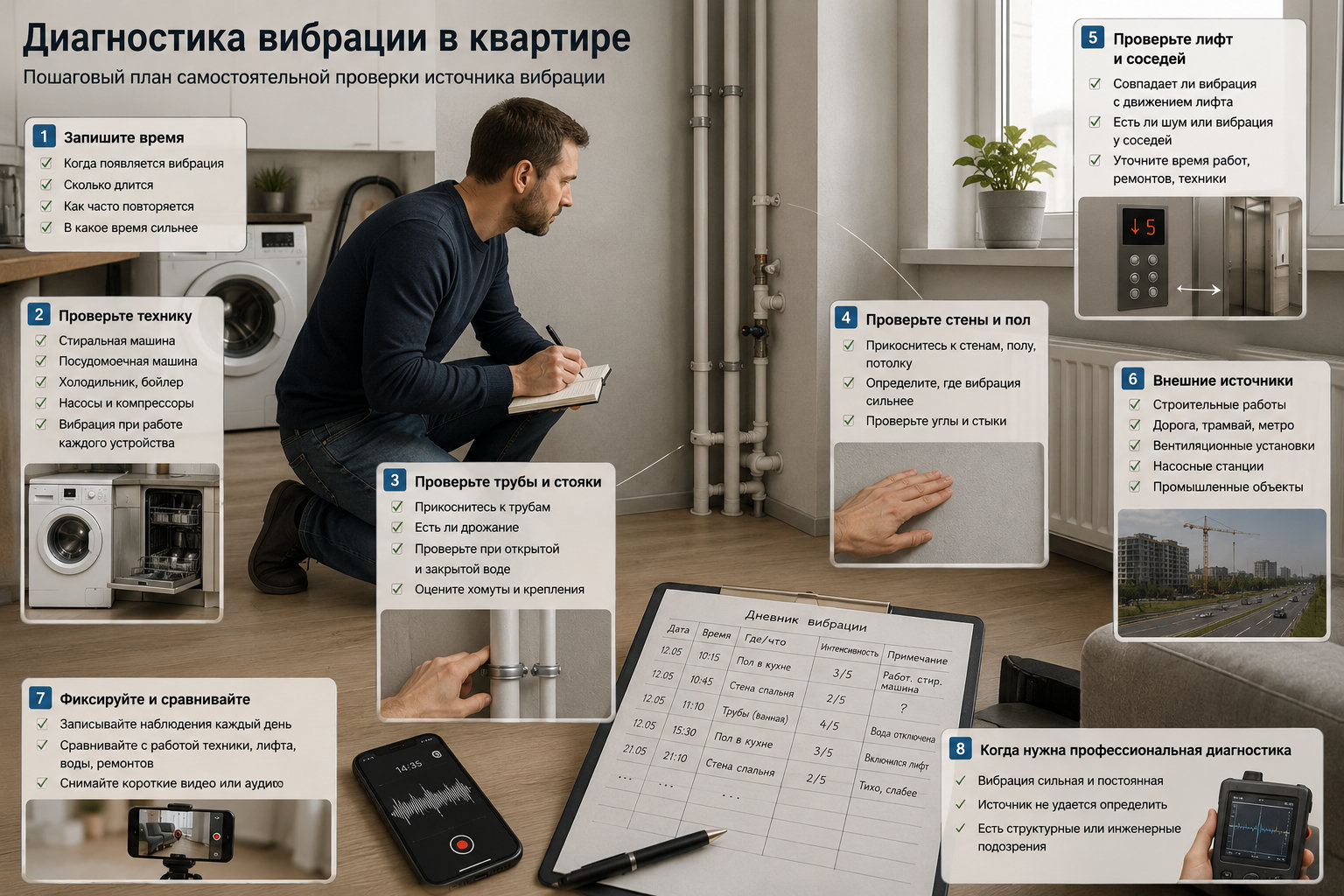Человек фиксирует признаки вибрации в квартире: записывает время, проверяет трубы, стены, пол и бытовую технику.