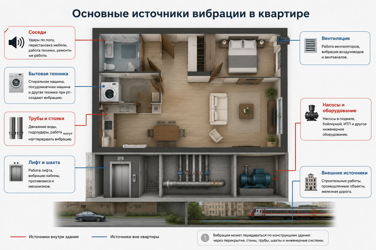 Схема квартиры с возможными источниками вибрации: стиральная машина, лифт, трубы, вентиляция, соседи и дорога рядом с домом.