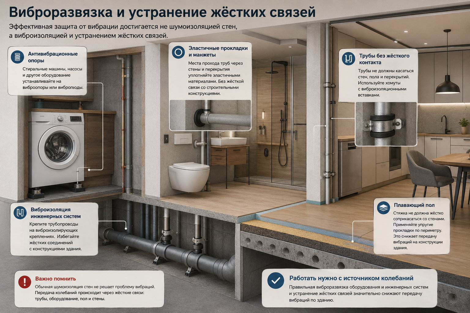 Схематичная иллюстрация виброразвязки: антивибрационные опоры, эластичные прокладки, трубы без жёсткого контакта со стеной и плавающий пол.